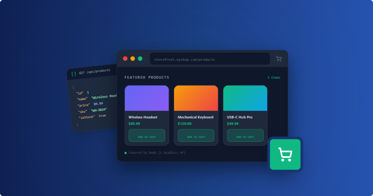 Dark e-commerce storefront mockup with three colorful product cards (Wireless Headset, Mechanical Keyboard, USB-C Hub Pro) and Add to Cart on a blue gradient background.