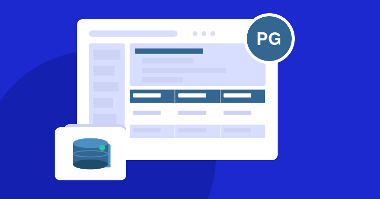 Dashboard UI on a monitor with a PostgreSQL badge and a database icon overlayed in the corner.