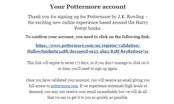 pottermore account email