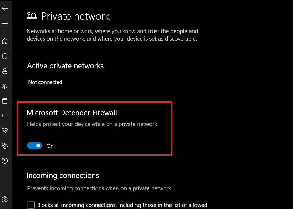 private network turn off the firewall protection