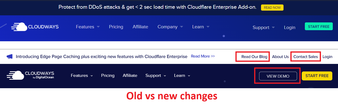 screenshot of the old and new Cloudways homepage
