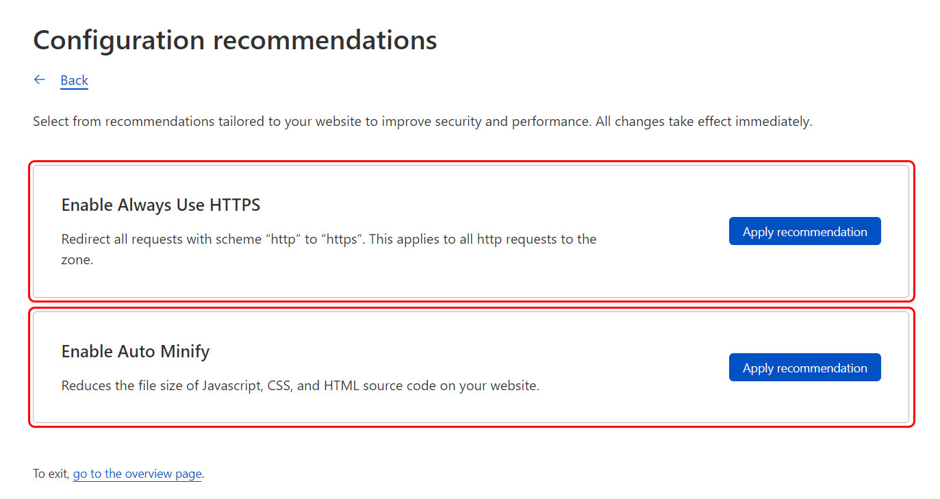 security and performance recommendation settings