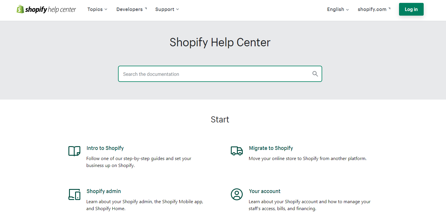 Screenshot of Shopify's Help Support