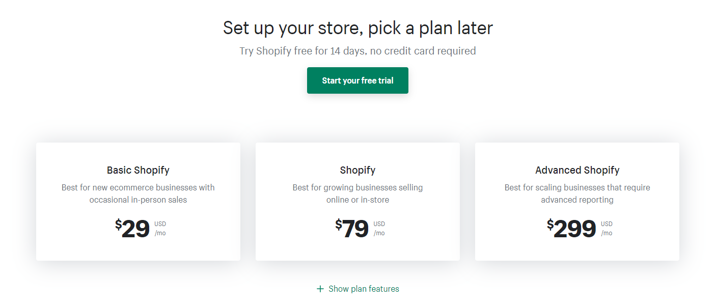 Screenshot of Shopify's pricing page