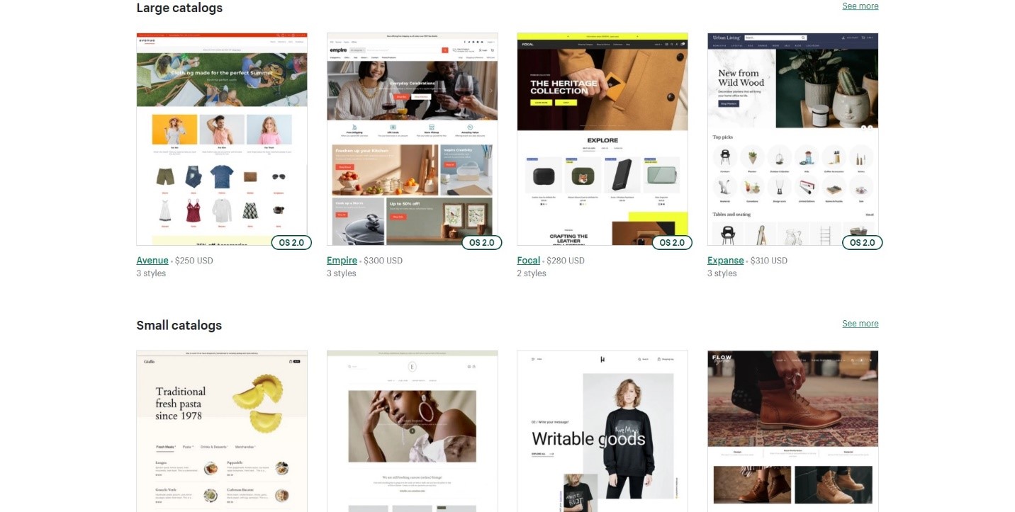 Screenshot of Shopify's themes page
