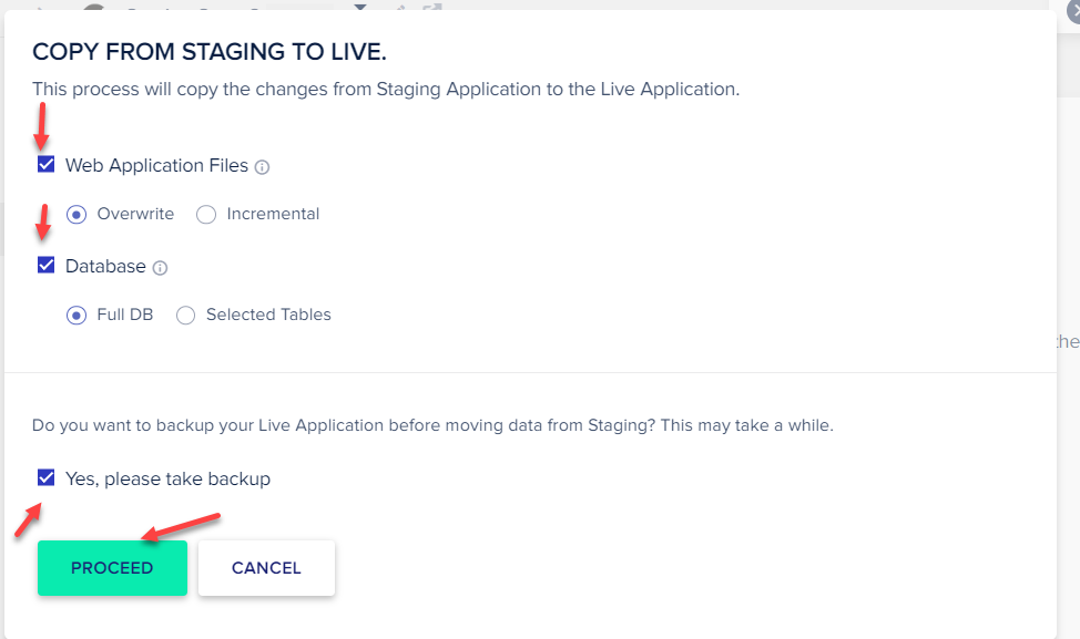 copy from staging to live