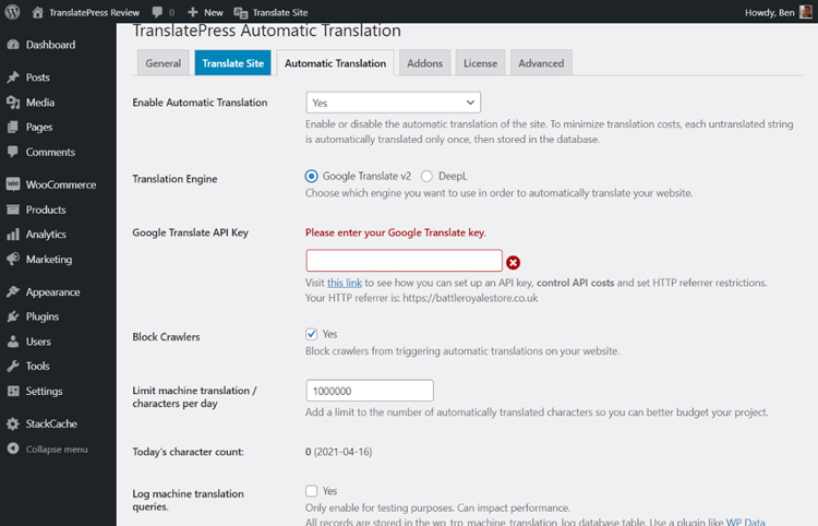translatepress automatic translation