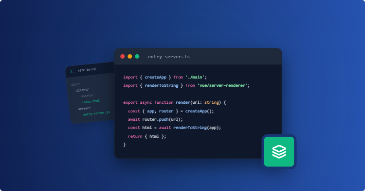 Dark code editor showing TypeScript imports and an async render function, with layered file panels and a teal stacked-layers icon on a blue gradient background.