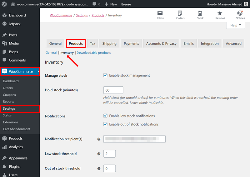 woocommerce settings products inventory