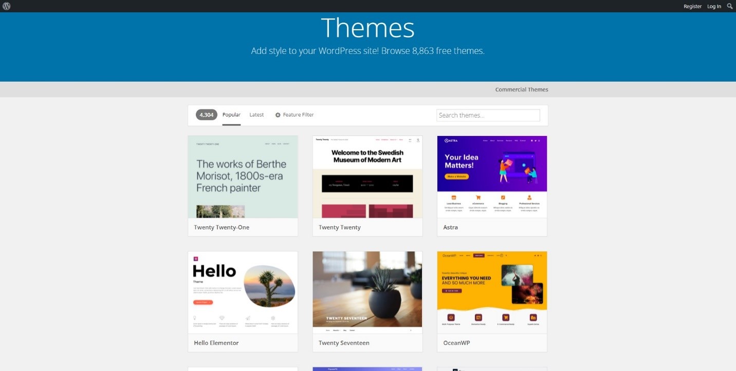Screenshot of WordPress' themes page