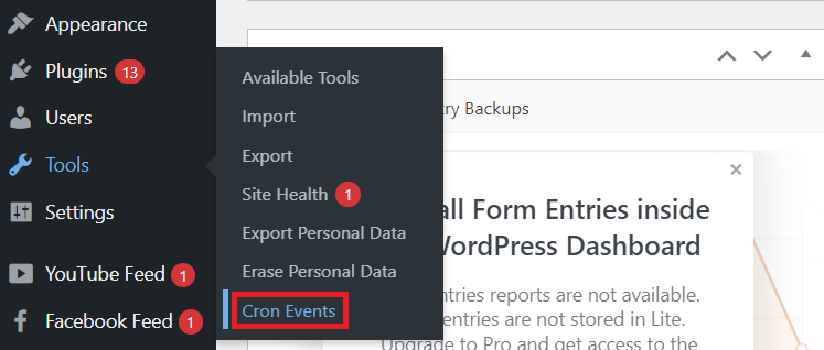 wordpress tools section cron events