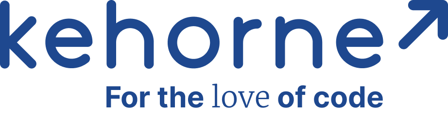 kehorme logo with an upward-right diagonal arrow, and the slogan 'For the love of code'.