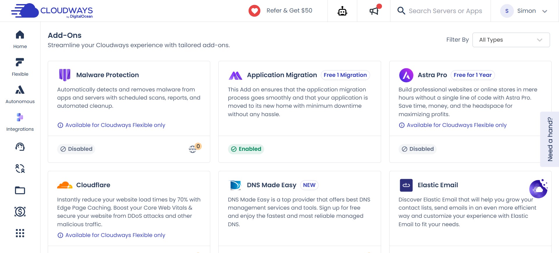 cloudways addons dashboard