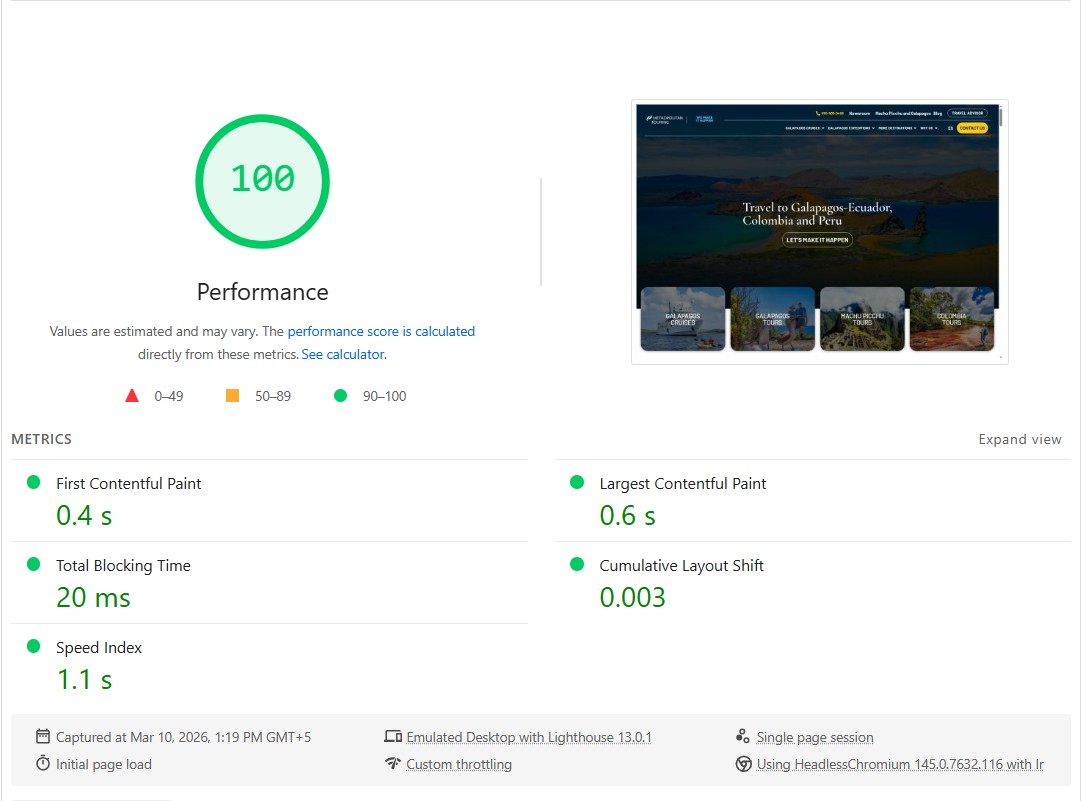 metropolitan touring pagespeed score
