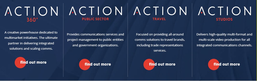 action global communications divisions