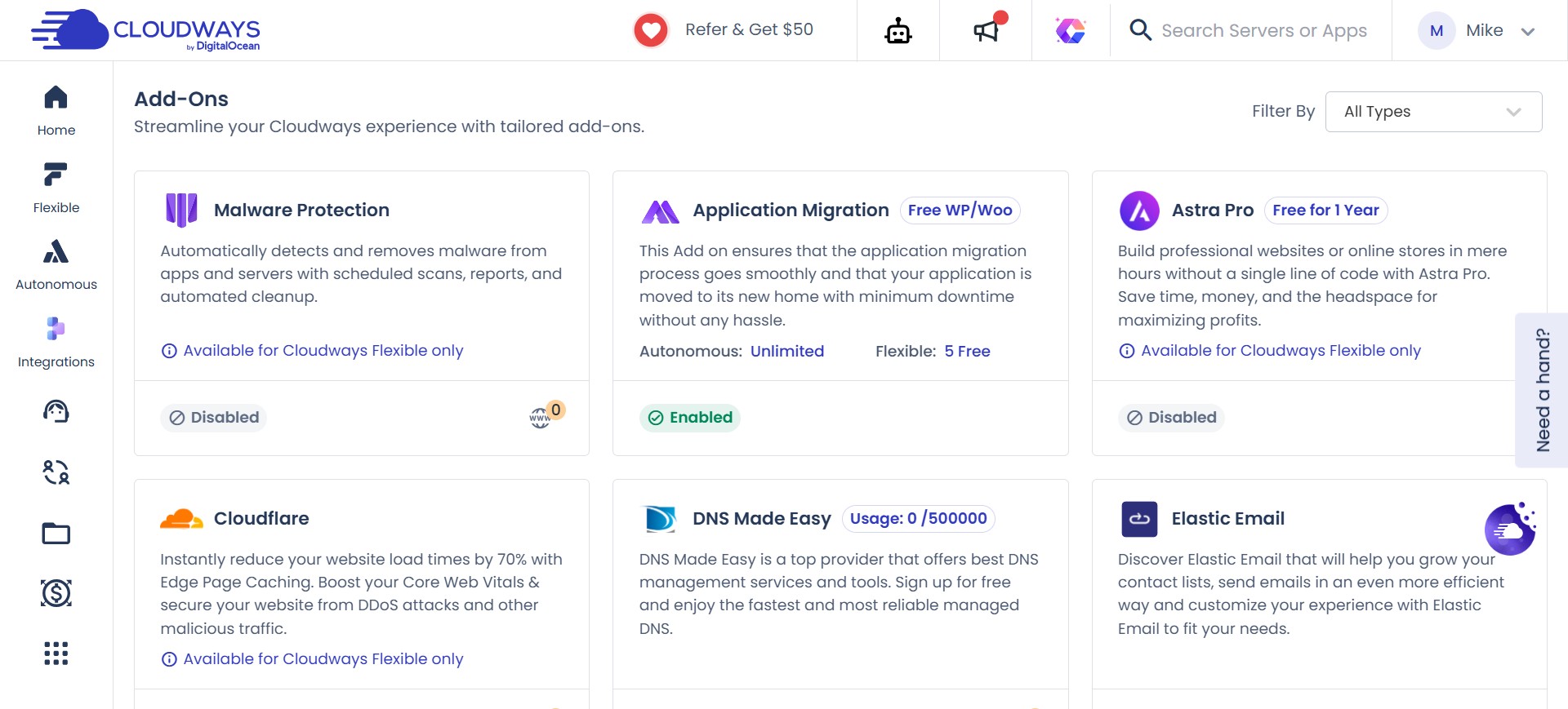 cloudways addons dashboard