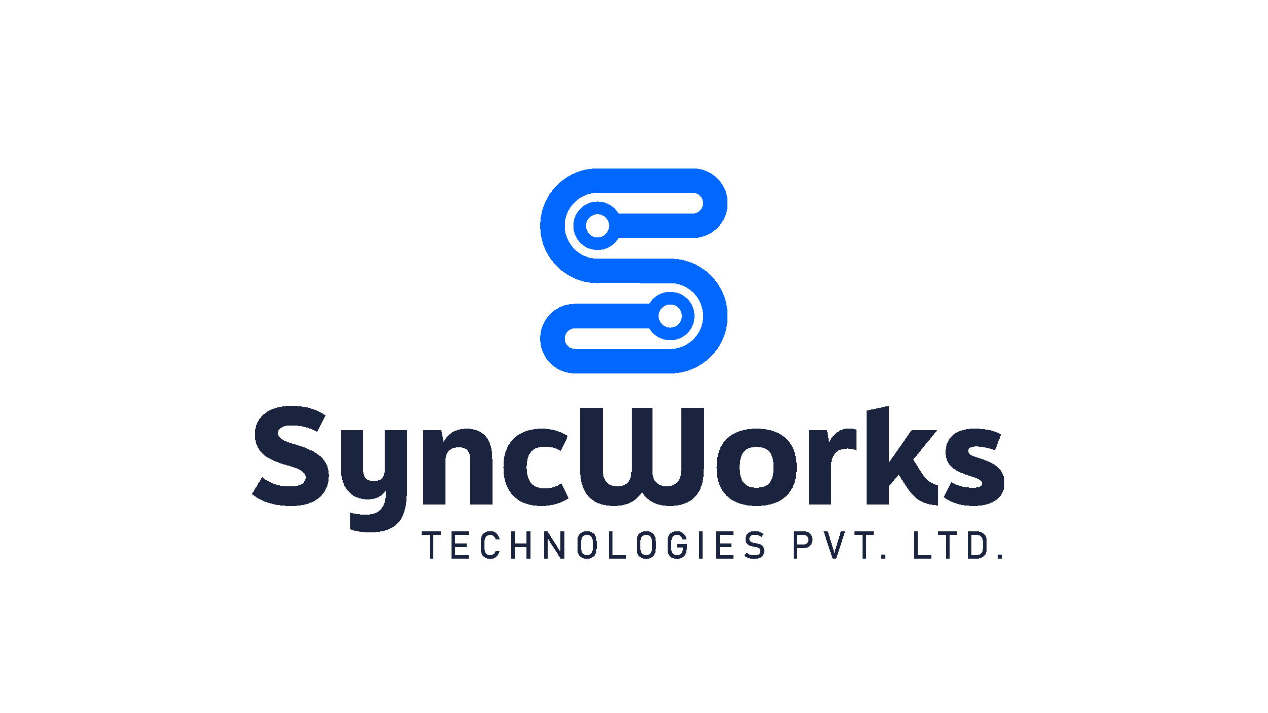 Blue circuit-style abstract 'S' logo on black background with the word 'SyncWorks' and 'Technologies Pvt. Ltd' beneath