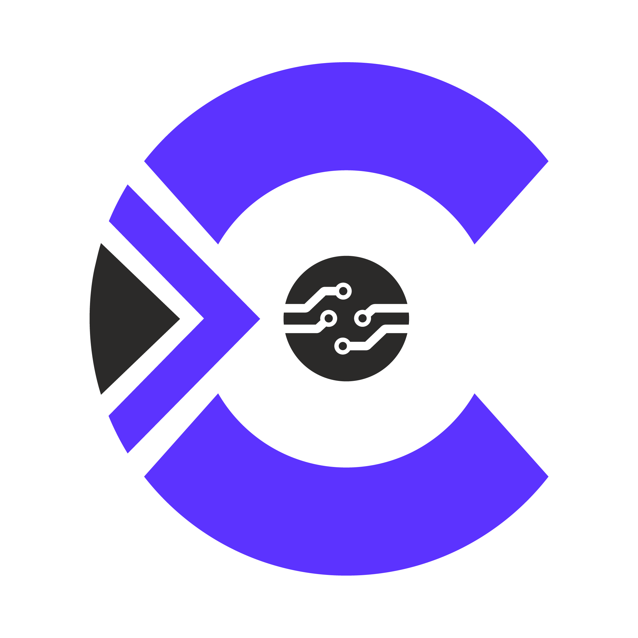 Abstract graphic featuring a bold purple curved arc with diagonal purple bands on a black background and a dark gray circuit-pattern circle at the center.