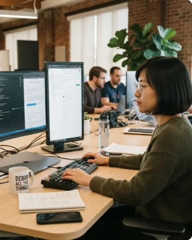 Developers collaborating at a laptop