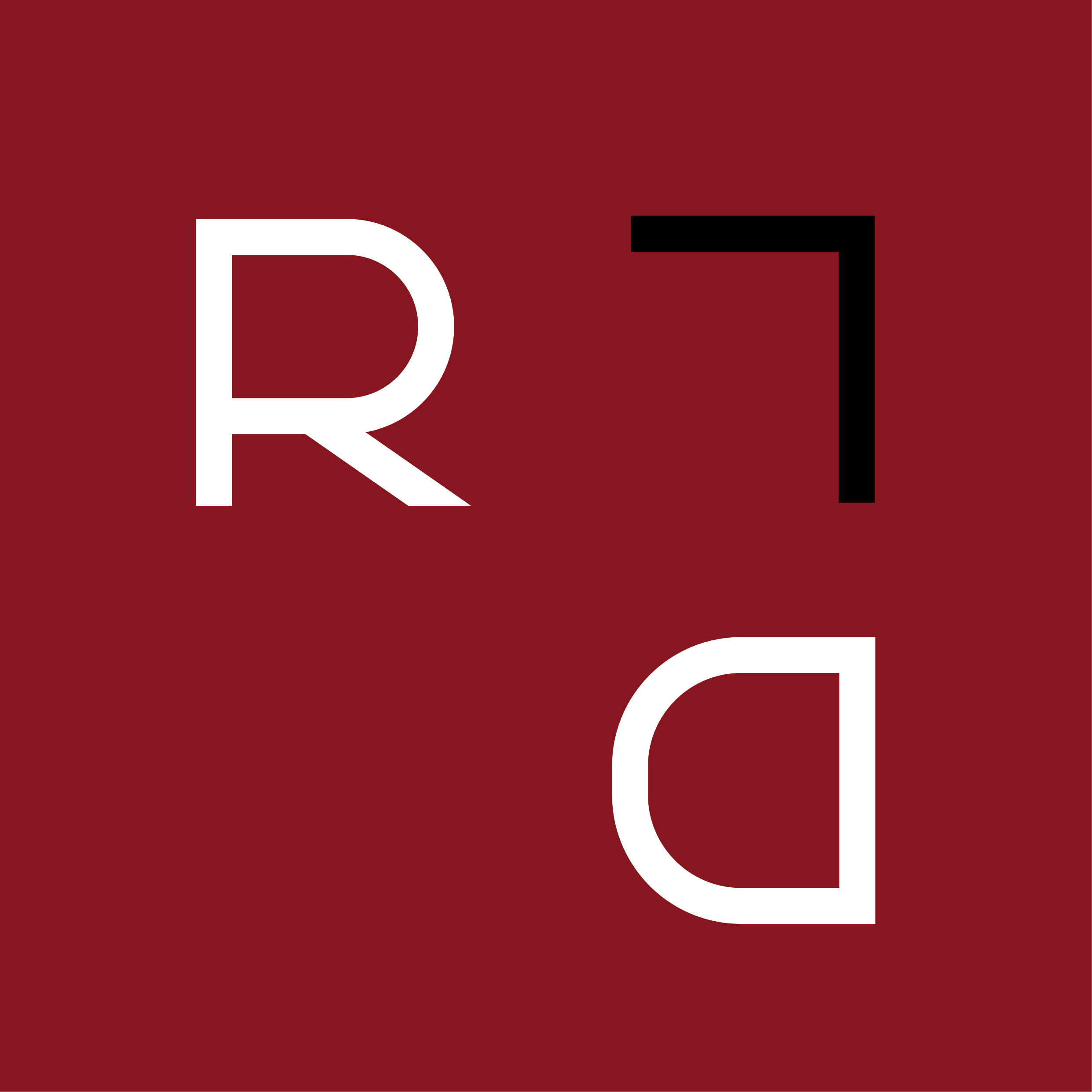Partial close-up of a burgundy background with a large white letter R visible on the left and a black geometric shape on the right, suggesting part of a logo.