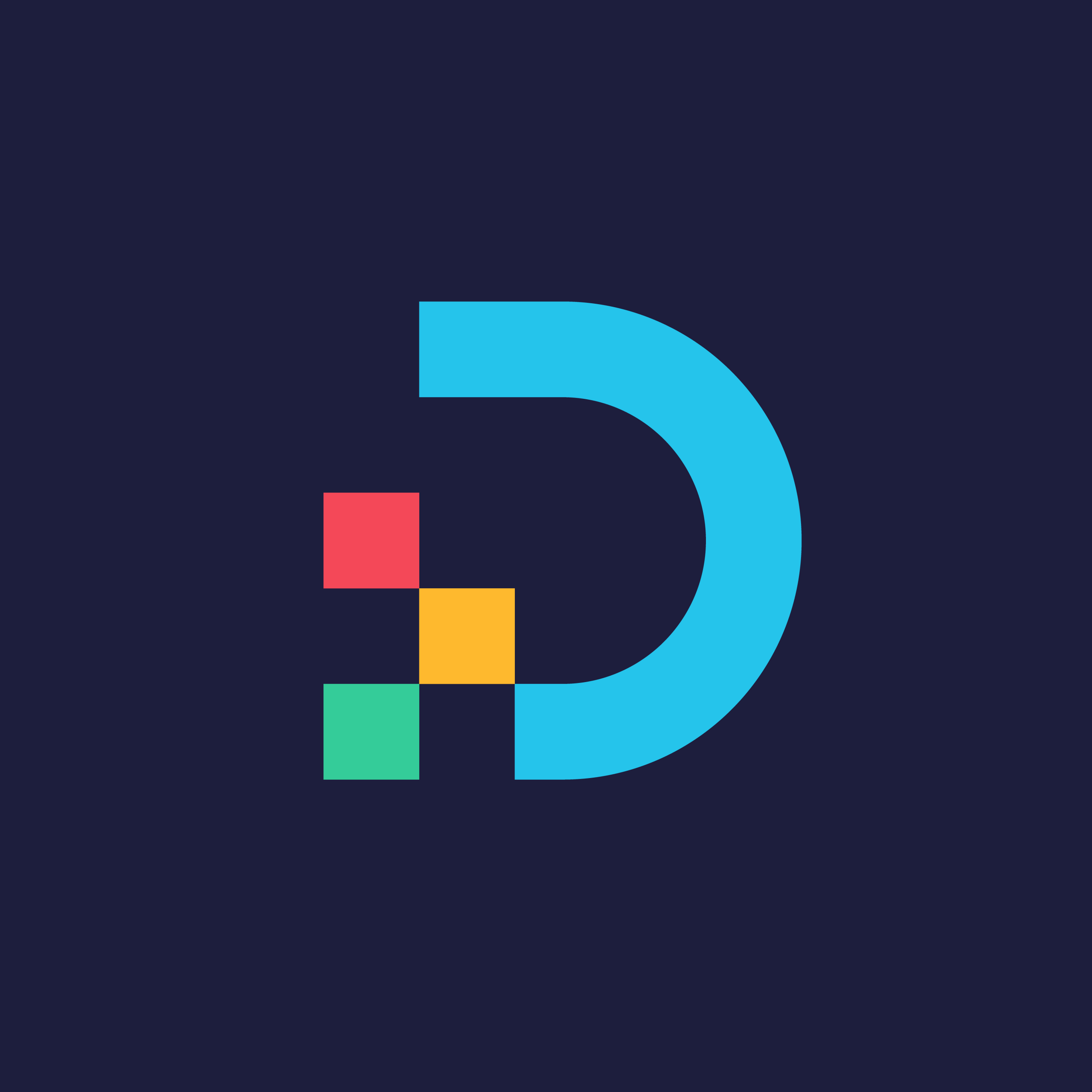 Abstract geometric design on a dark navy background featuring a large turquoise curved arc intersecting a vertical stack of colored squares (red, yellow, green) near the lower left.